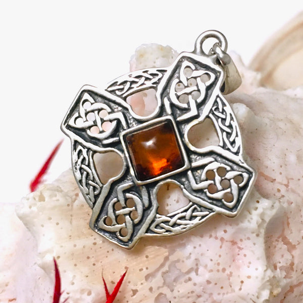 Celtic Cross Amber Circle Pendant Sterling Silver 925