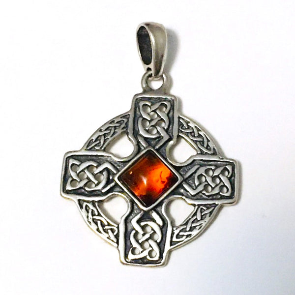 Celtic Cross Amber Circle Pendant Sterling Silver 925