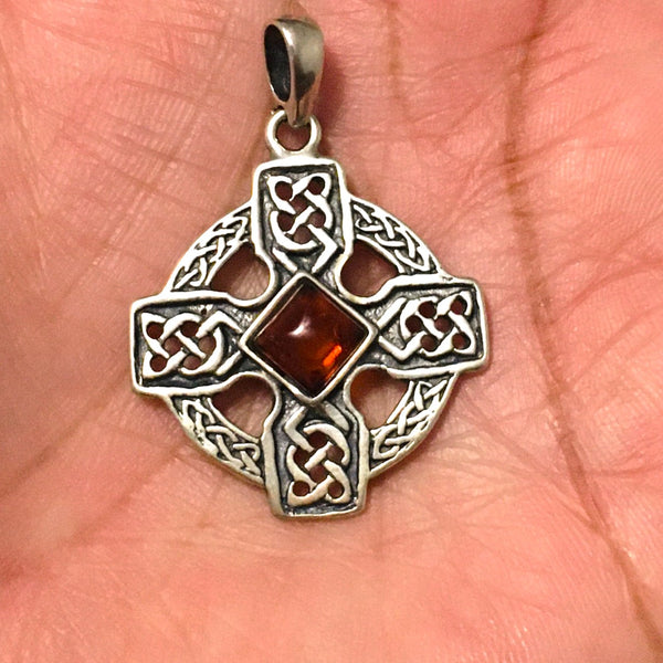 Celtic Cross Amber Circle Pendant Sterling Silver 925