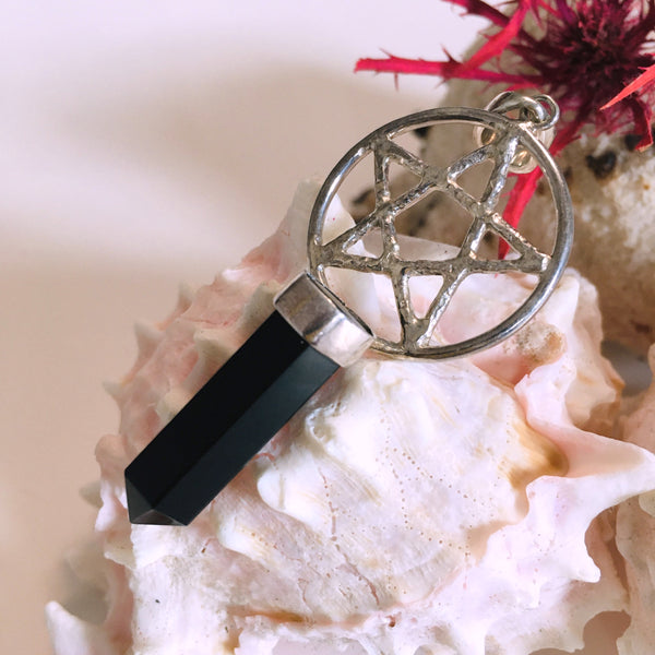 Pentacle with Onyx Point Pendant 925 Sterling Silver