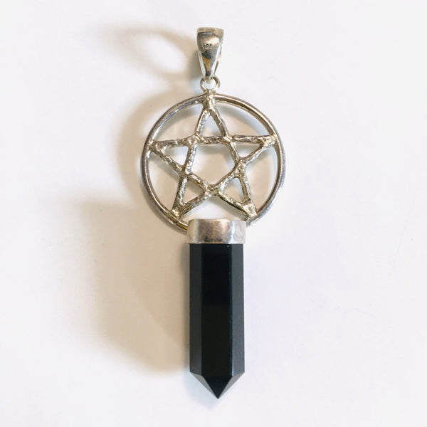 Pentacle with Onyx Point Pendant 925 Sterling Silver