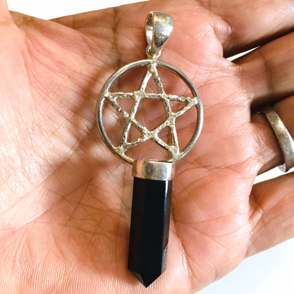 Pentacle with Onyx Point Pendant 925 Sterling Silver