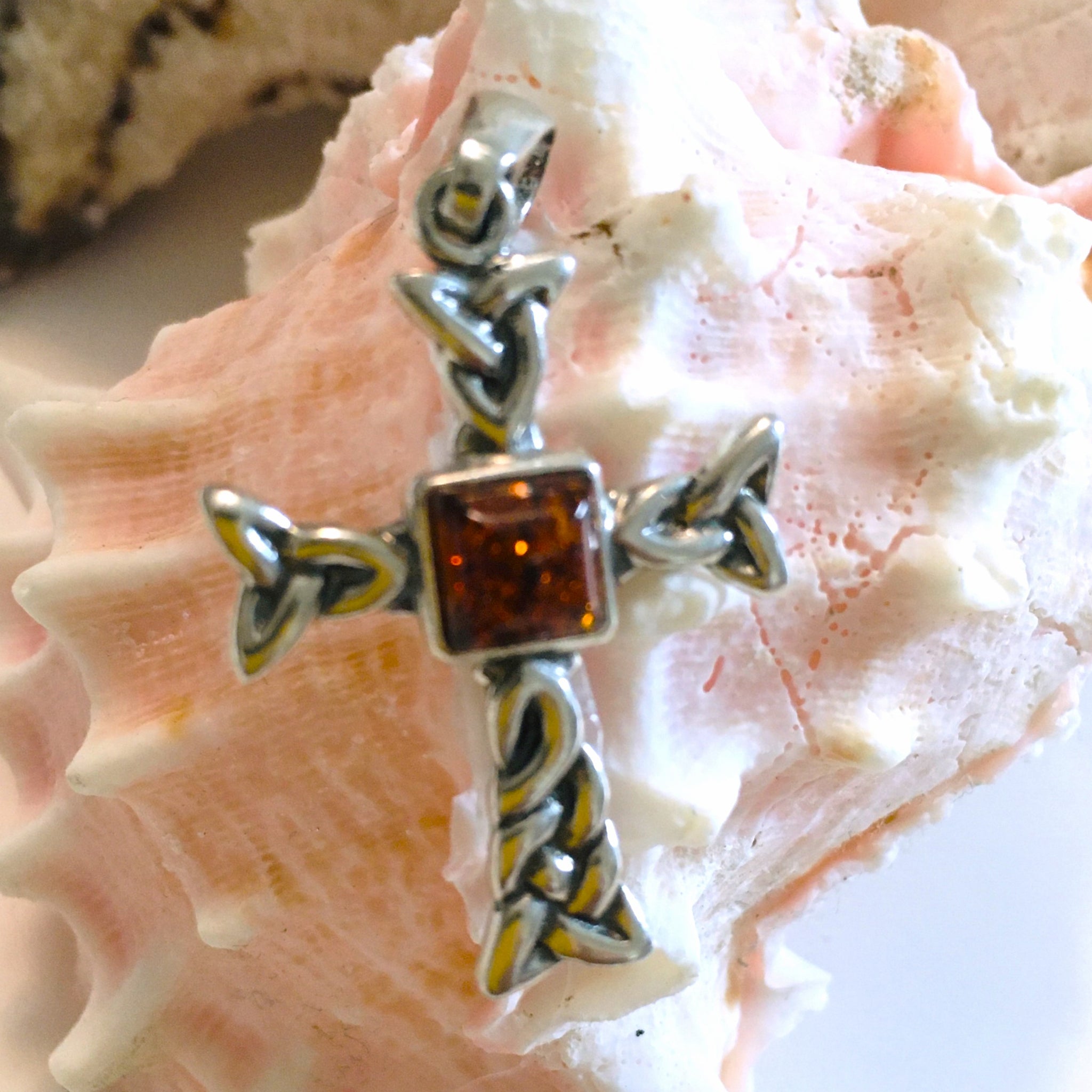 Celtic Cross Cognac Amber Pendant Sterling Silver