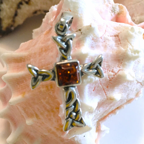 Celtic Cross Cognac Amber Pendant Sterling Silver