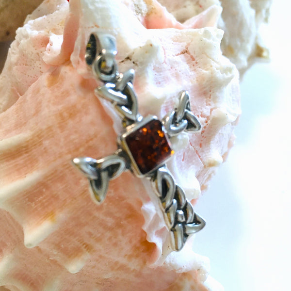 Celtic Cross Cognac Amber Pendant Sterling Silver