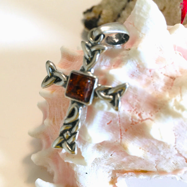 Celtic Cross Cognac Amber Pendant Sterling Silver