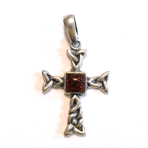 Celtic Cross Cognac Amber Pendant Sterling Silver