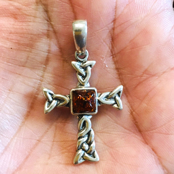 Celtic Cross Cognac Amber Pendant Sterling Silver