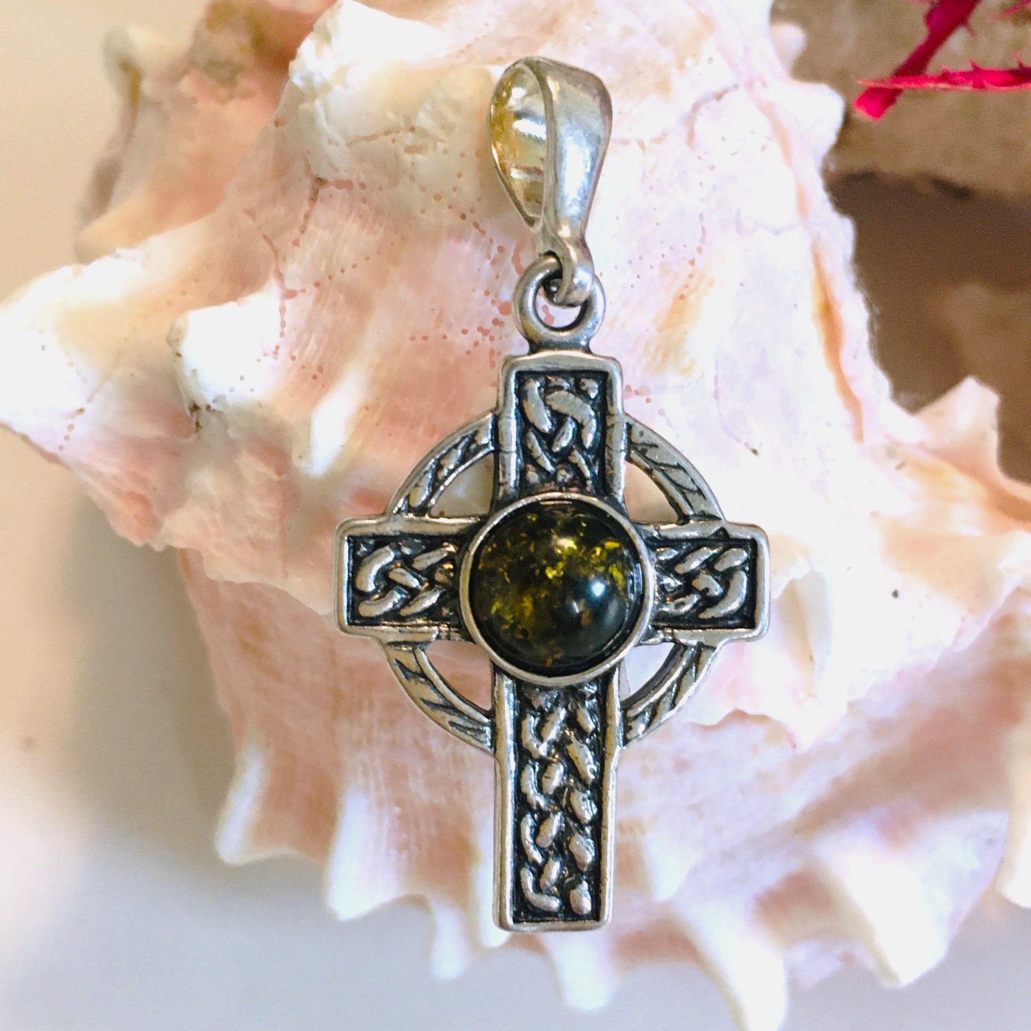 Celtic Cross Amber Pendant Sterling Silver 925