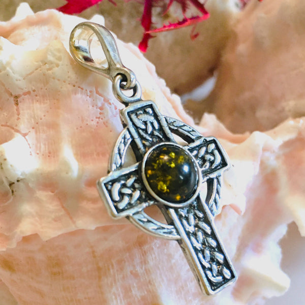 Celtic Cross Amber Pendant Sterling Silver 925