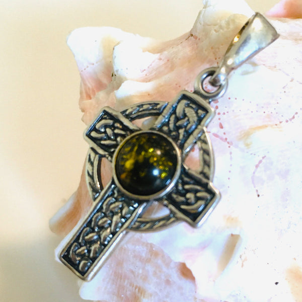 Celtic Cross Amber Pendant Sterling Silver 925