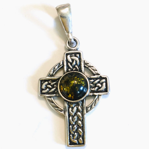 Celtic Cross Amber Pendant Sterling Silver 925