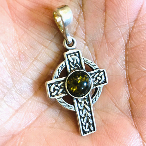 Celtic Cross Amber Pendant Sterling Silver 925