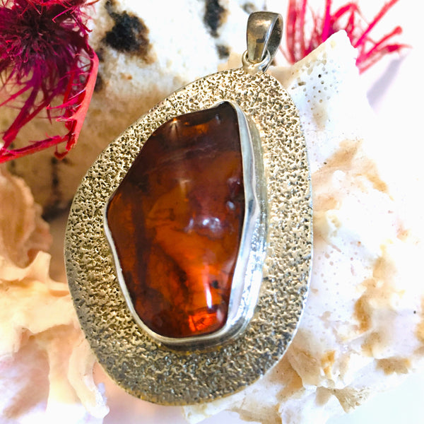 Amber Large Pendant Sterling Silver 925