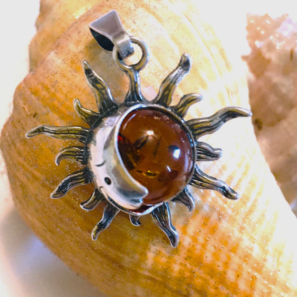 Sun Moon Amber Pendant Sterling Silver