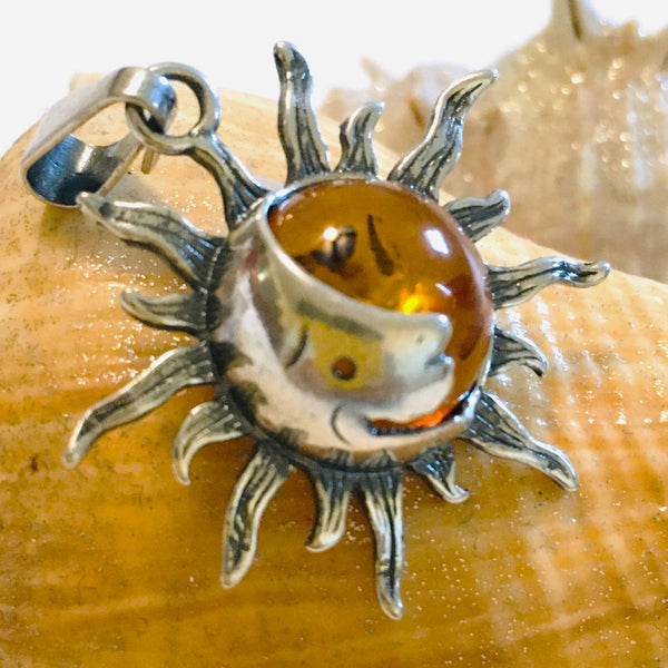 Sun Moon Amber Pendant Sterling Silver