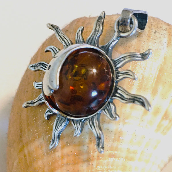 Sun Moon Amber Pendant Sterling Silver