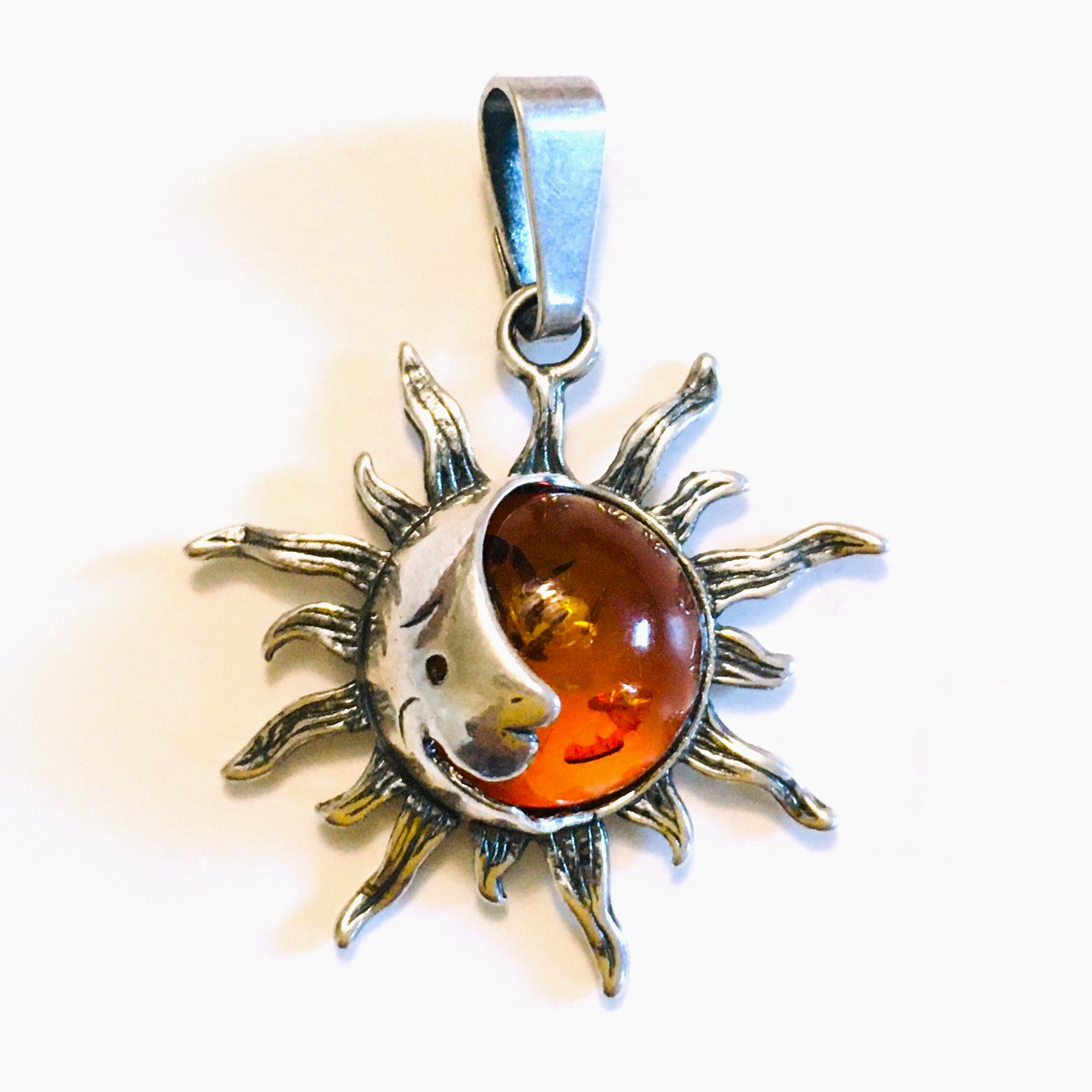 Sun Moon Amber Pendant Sterling Silver