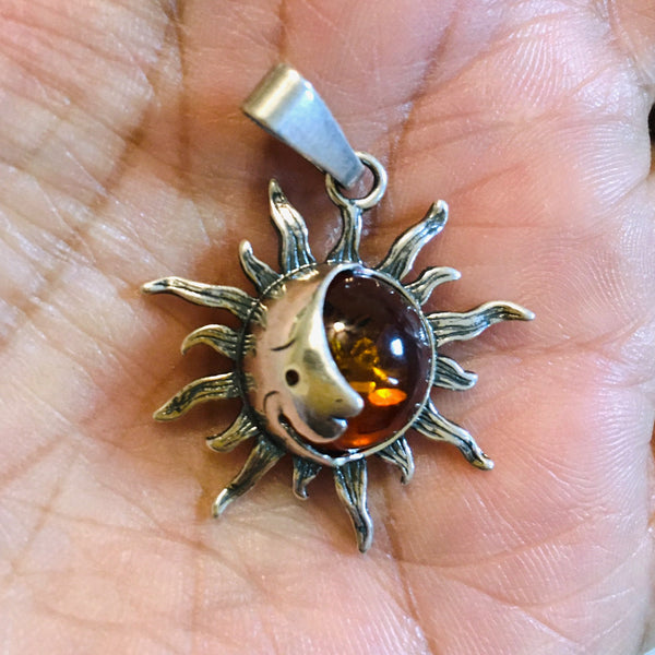 Sun Moon Amber Pendant Sterling Silver