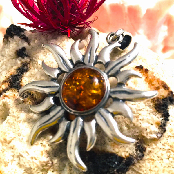 Sun Cognac Amber Pendant Sterling Silver