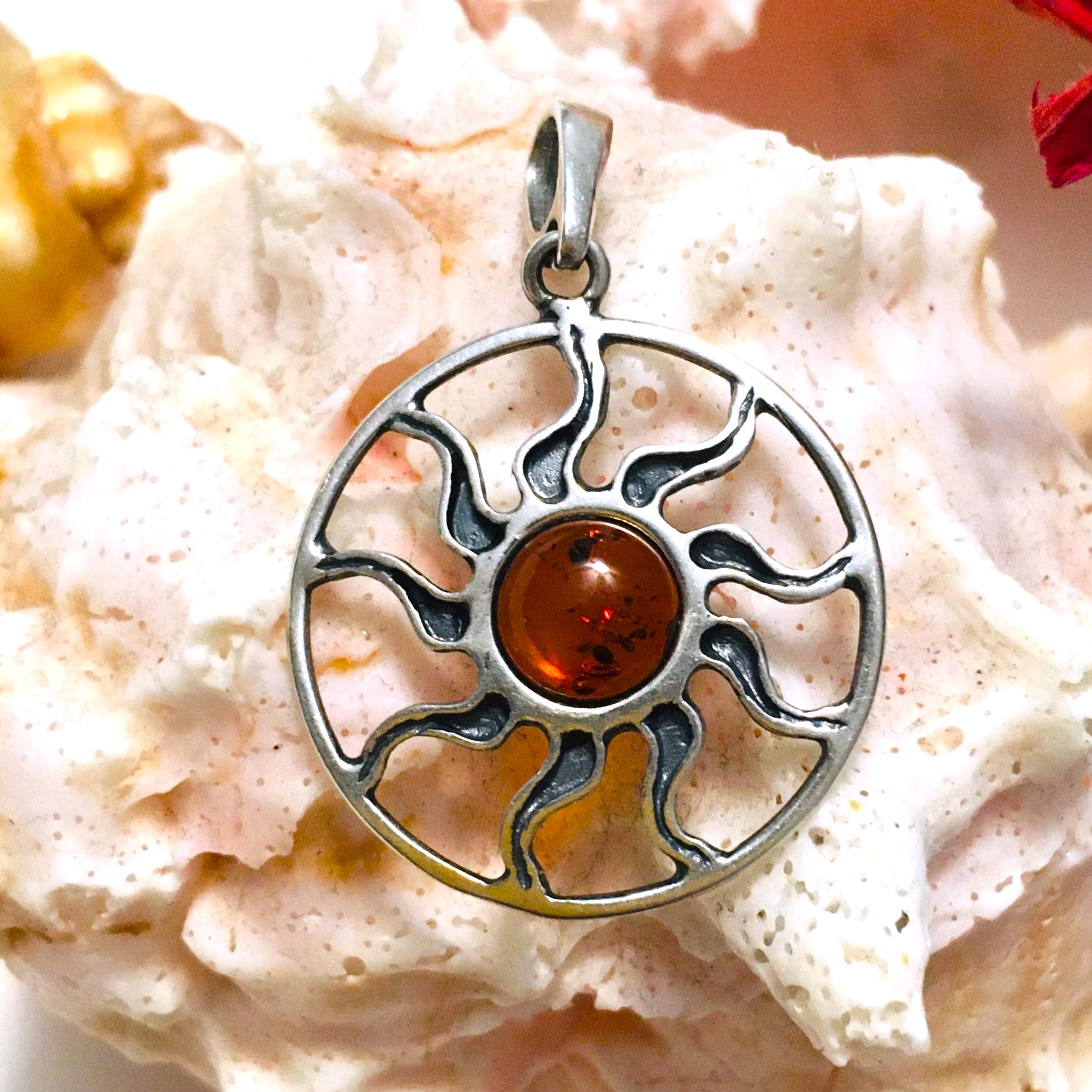 Encircled Sun Cognac Amber Pendant Sterling Silver