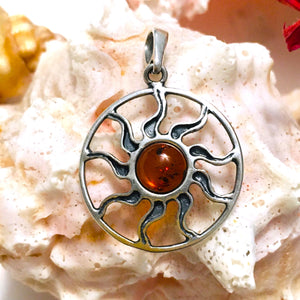Encircled Sun Cognac Amber Pendant Sterling Silver