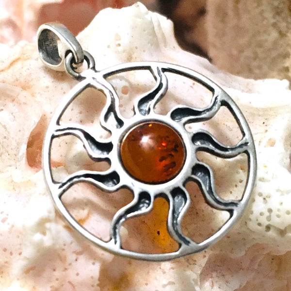 Encircled Sun Cognac Amber Pendant Sterling Silver