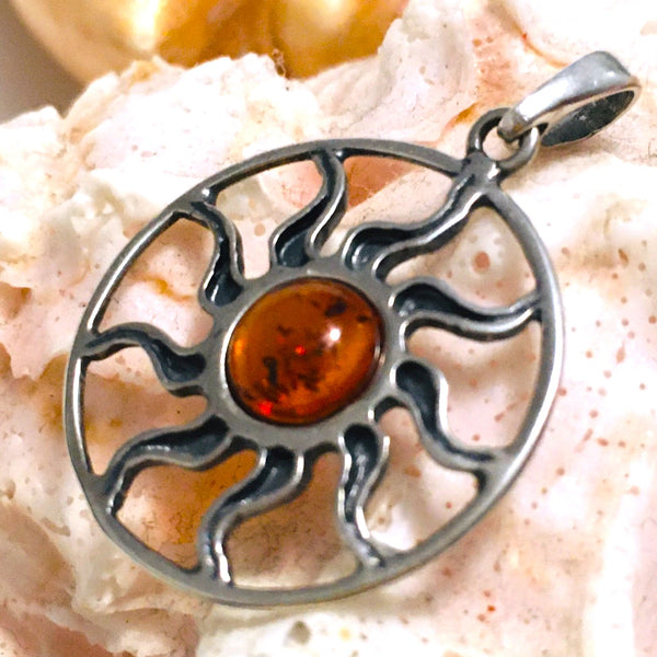 Encircled Sun Cognac Amber Pendant Sterling Silver