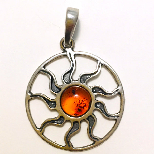 Encircled Sun Cognac Amber Pendant Sterling Silver