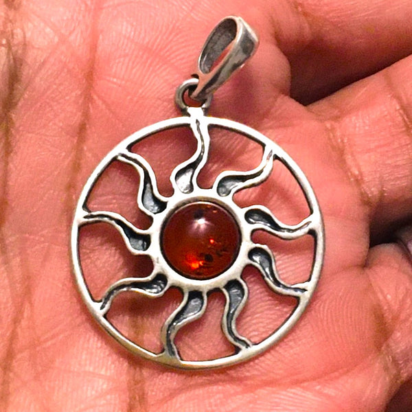Encircled Sun Cognac Amber Pendant Sterling Silver