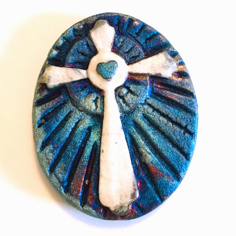 Cross with heart "I am Grateful" Medallion Raku Pottery