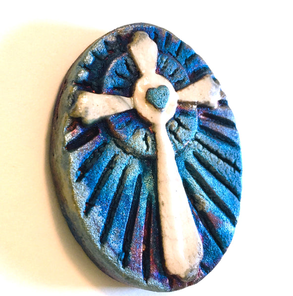 Cross with heart "I am Grateful" Medallion Raku Pottery