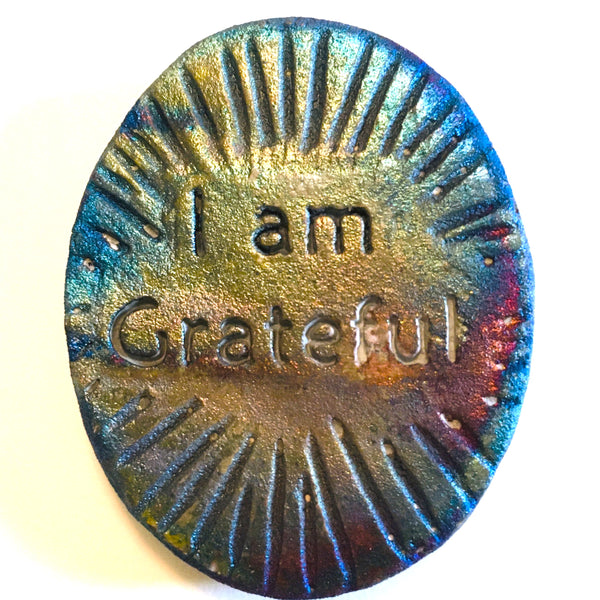 Cross with heart "I am Grateful" Medallion Raku Pottery