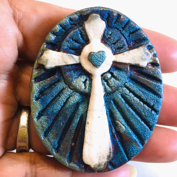 Cross with heart "I am Grateful" Medallion Raku Pottery