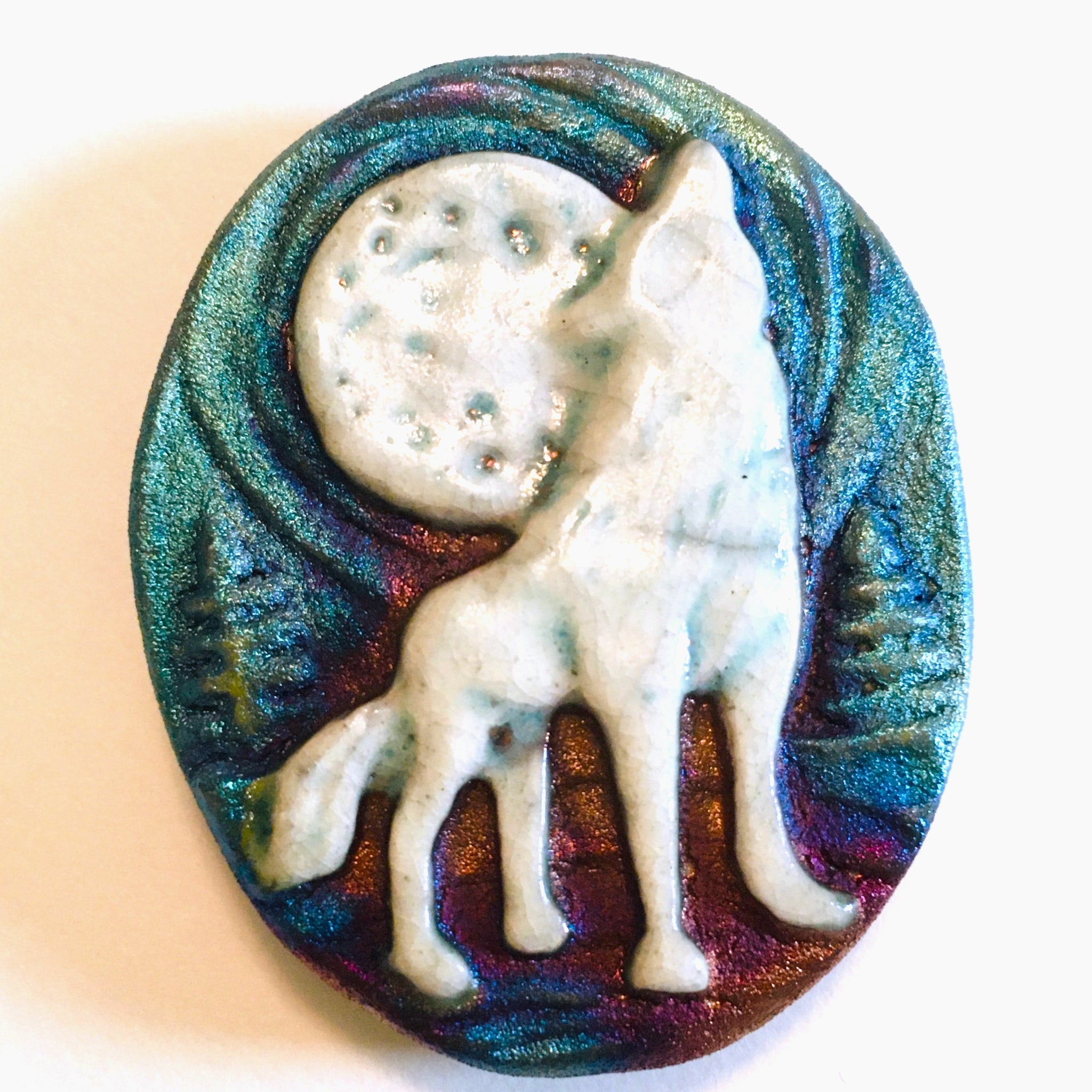 Wolf Howling to the Moon "I am Passionate" Medallion Raku Pottery
