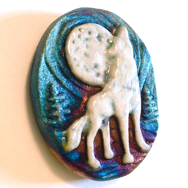Wolf Howling to the Moon "I am Passionate" Medallion Raku Pottery