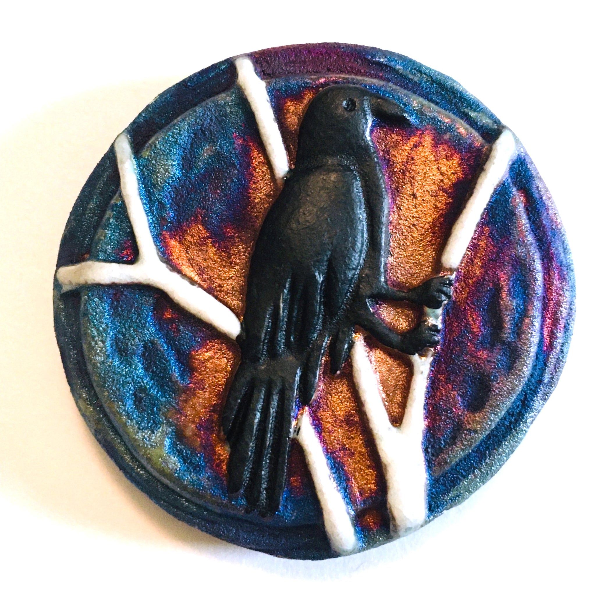 Raven "I am Fearless" Medallion Raku Pottery