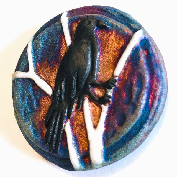 Raven "I am Fearless" Medallion Raku Pottery