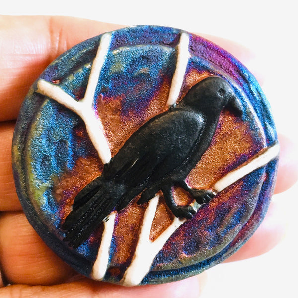 Raven "I am Fearless" Medallion Raku Pottery