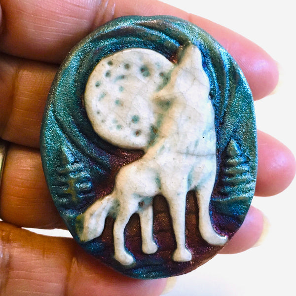 Wolf Howling to the Moon "I am Passionate" Medallion Raku Pottery