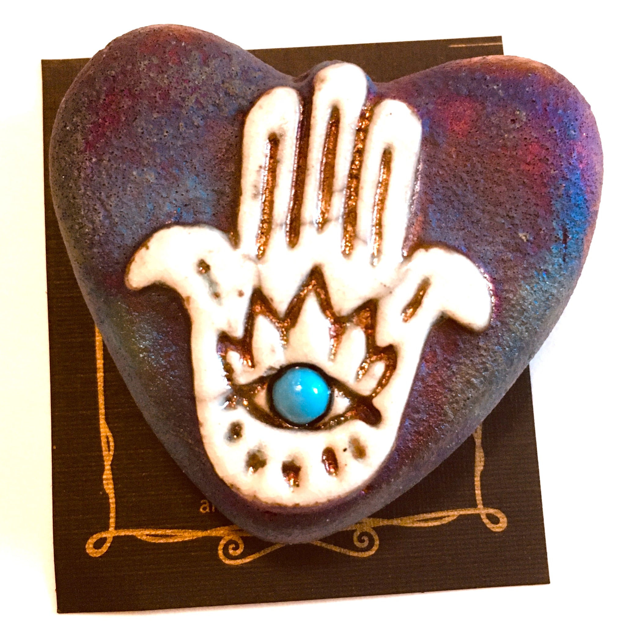 Mini Heart Hamsa Hand Raku Pottery