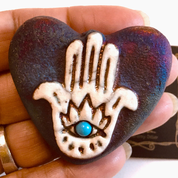 Mini Heart Hamsa Hand Raku Pottery