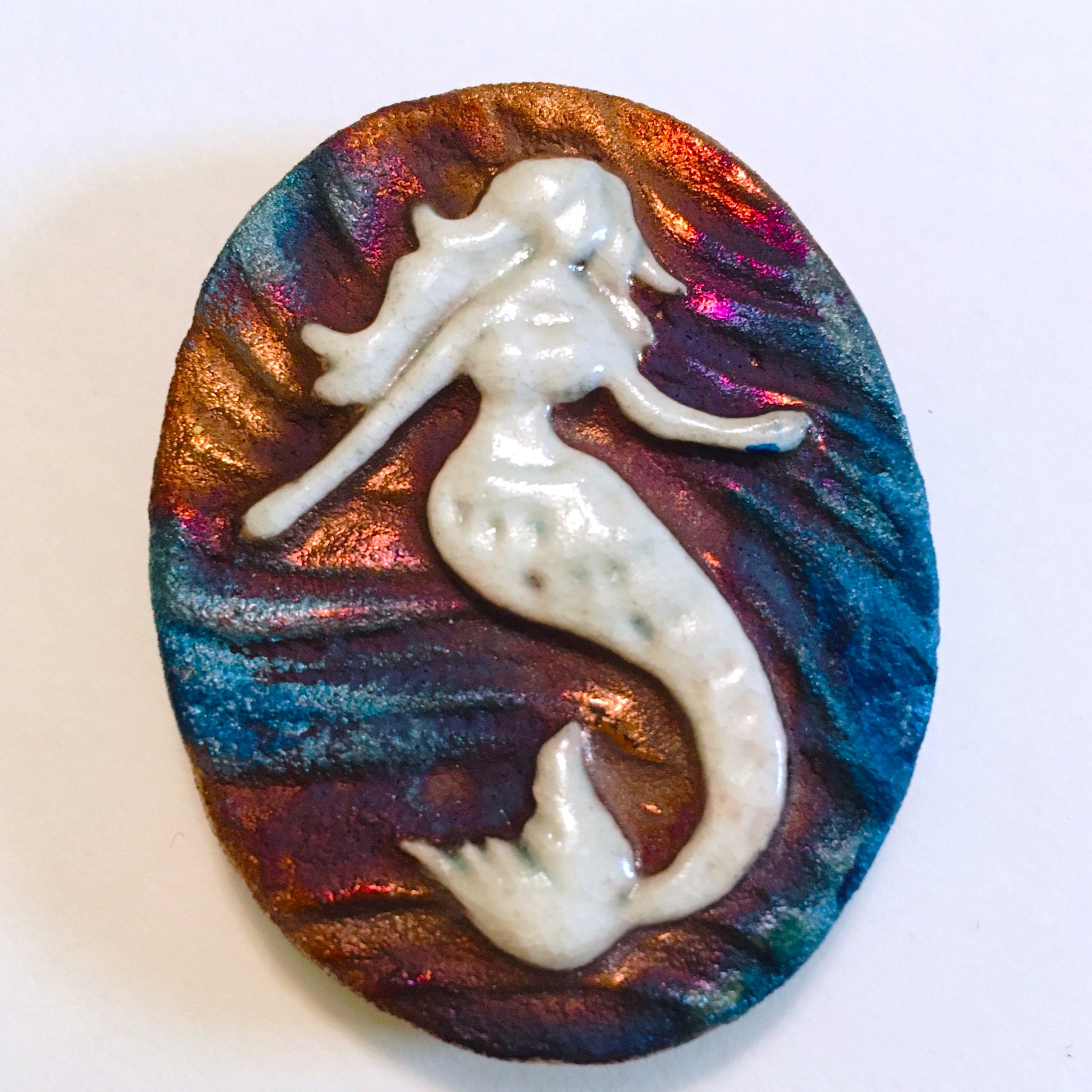 Mermaid "I live Free" Medallion Raku Pottery