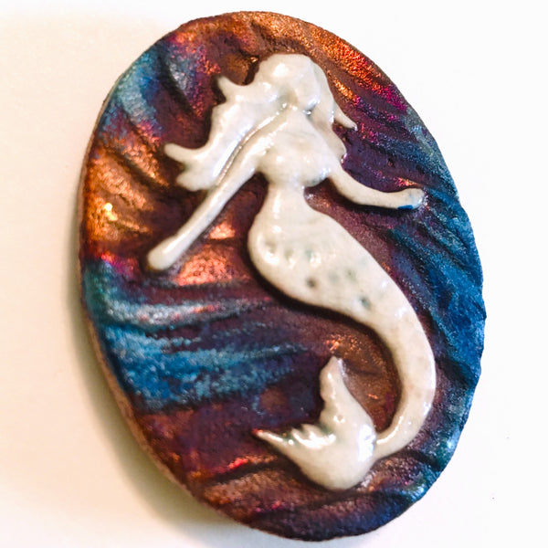 Mermaid "I live Free" Medallion Raku Pottery