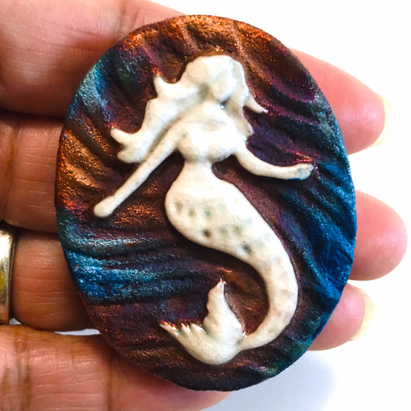 Mermaid "I live Free" Medallion Raku Pottery