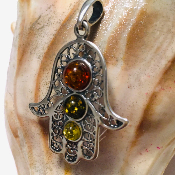 Hamsa Hand Cognac Green Honey Amber Pendant Sterling Silver