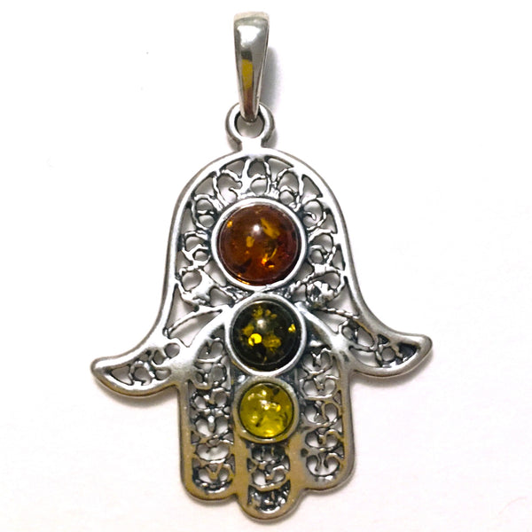 Hamsa Hand Cognac Green Honey Amber Pendant Sterling Silver