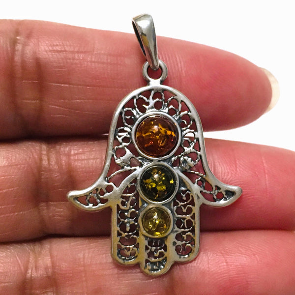 Hamsa Hand Cognac Green Honey Amber Pendant Sterling Silver