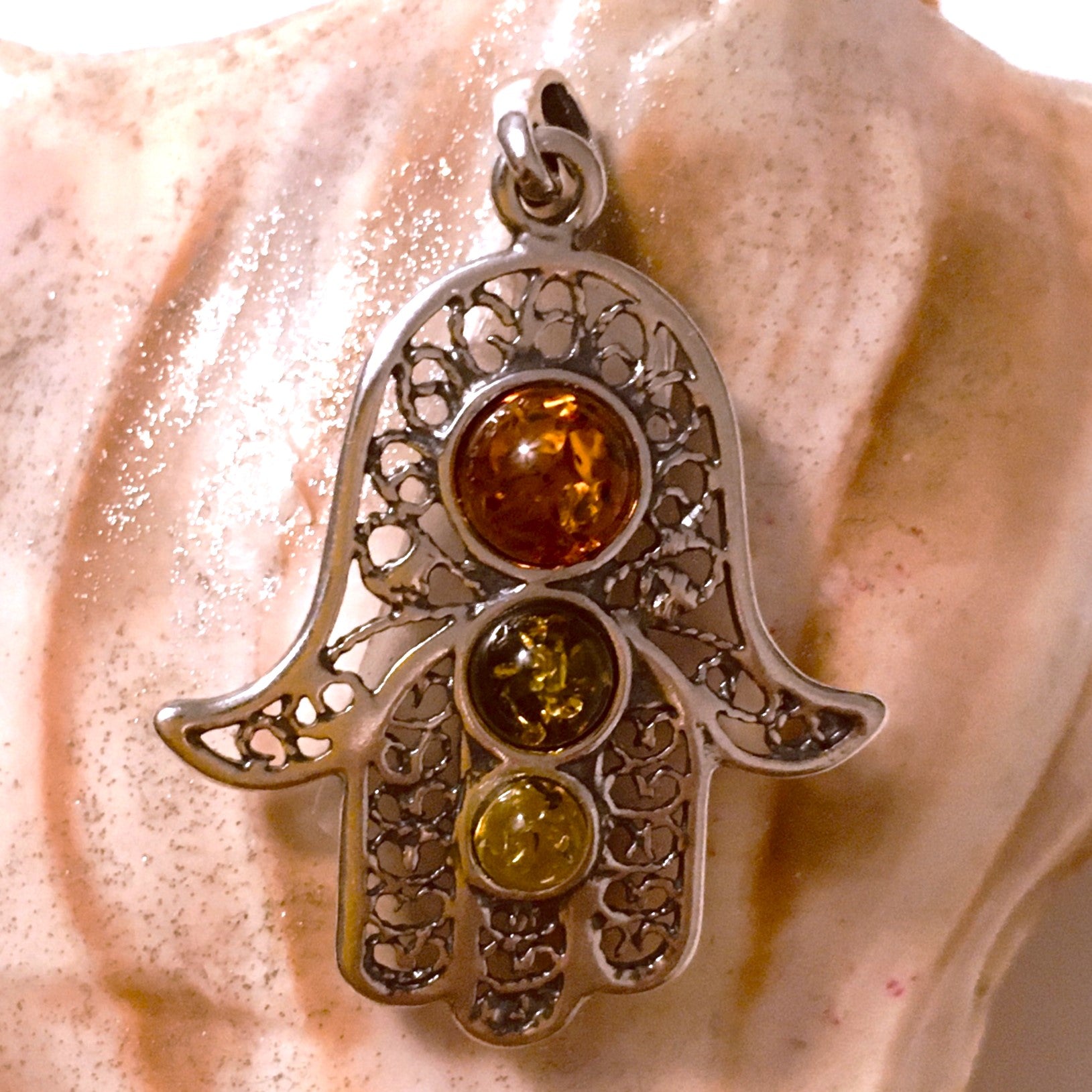 Hamsa Hand Cognac Green Honey Amber Pendant Sterling Silver