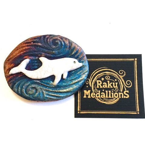 Dolphin  "I am Playful" Medallion Raku Pottery